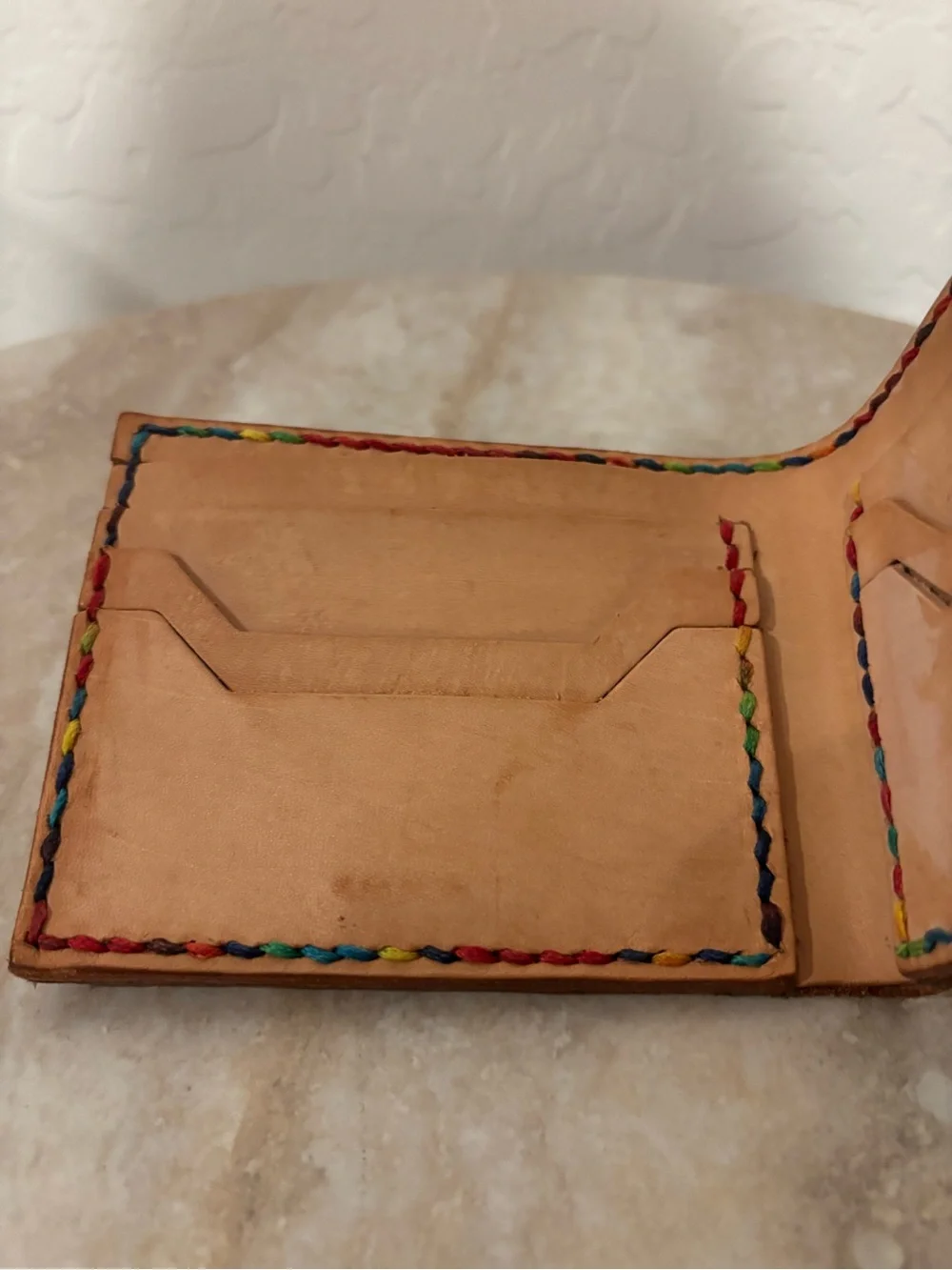 Bespoke Handcrafted Tan Leather Bifold Wallet with Rainbow Stitching